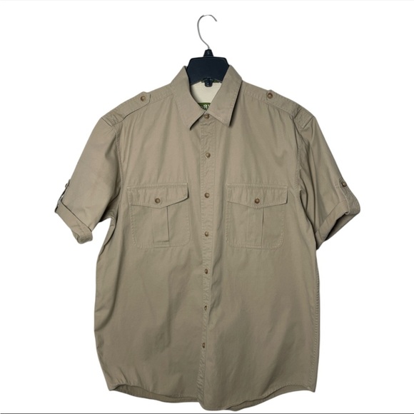 Orvis Men’s Tan Cargo Outdoor Fishing Shirt Short Sleeve Button Down Size Large - Picture 1 of 5